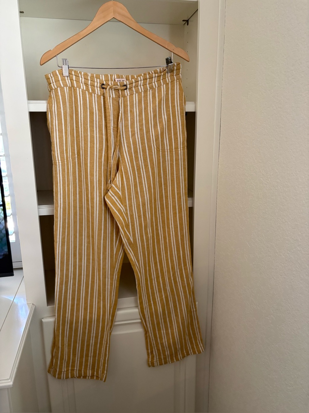 Per Se Women's Linen Blend Pants Mustard Yellow/white Stripe Drawstring Pockets